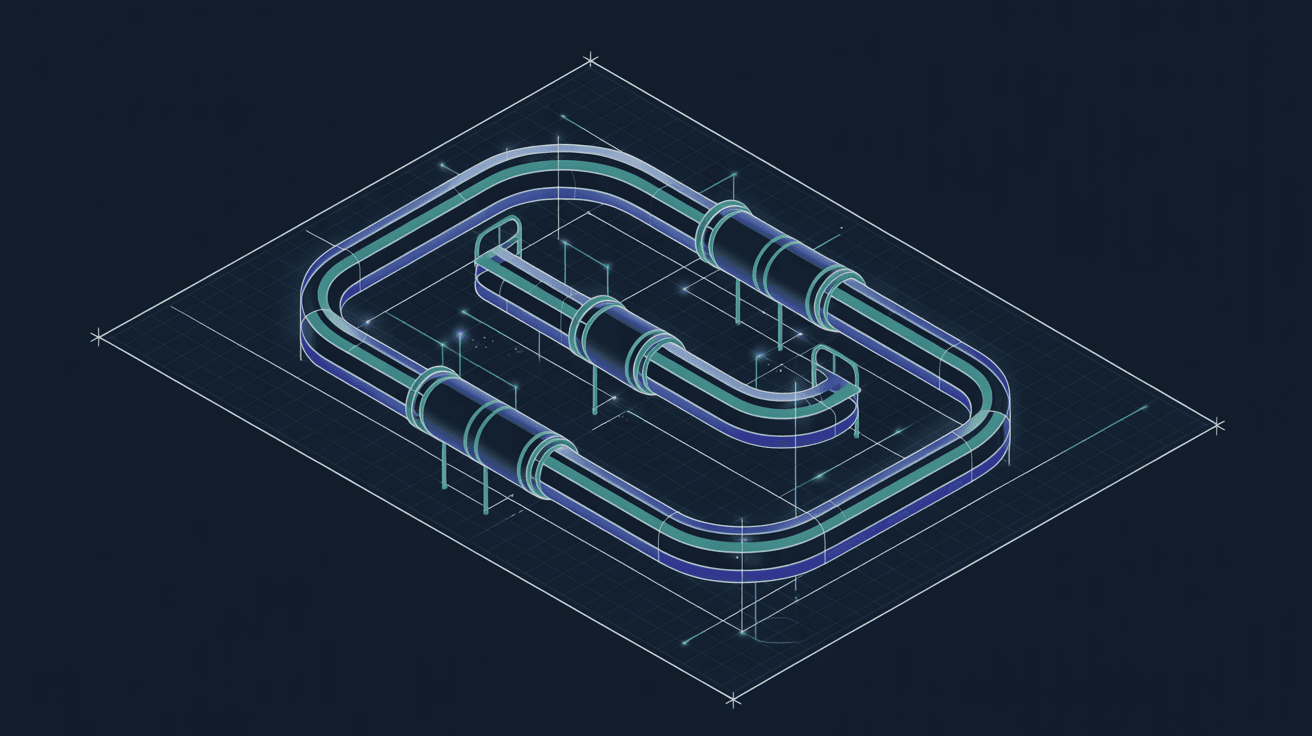 Isometric blueprint wireframe of a looped pipeline track with connector segments — a staged, reversible migration path.