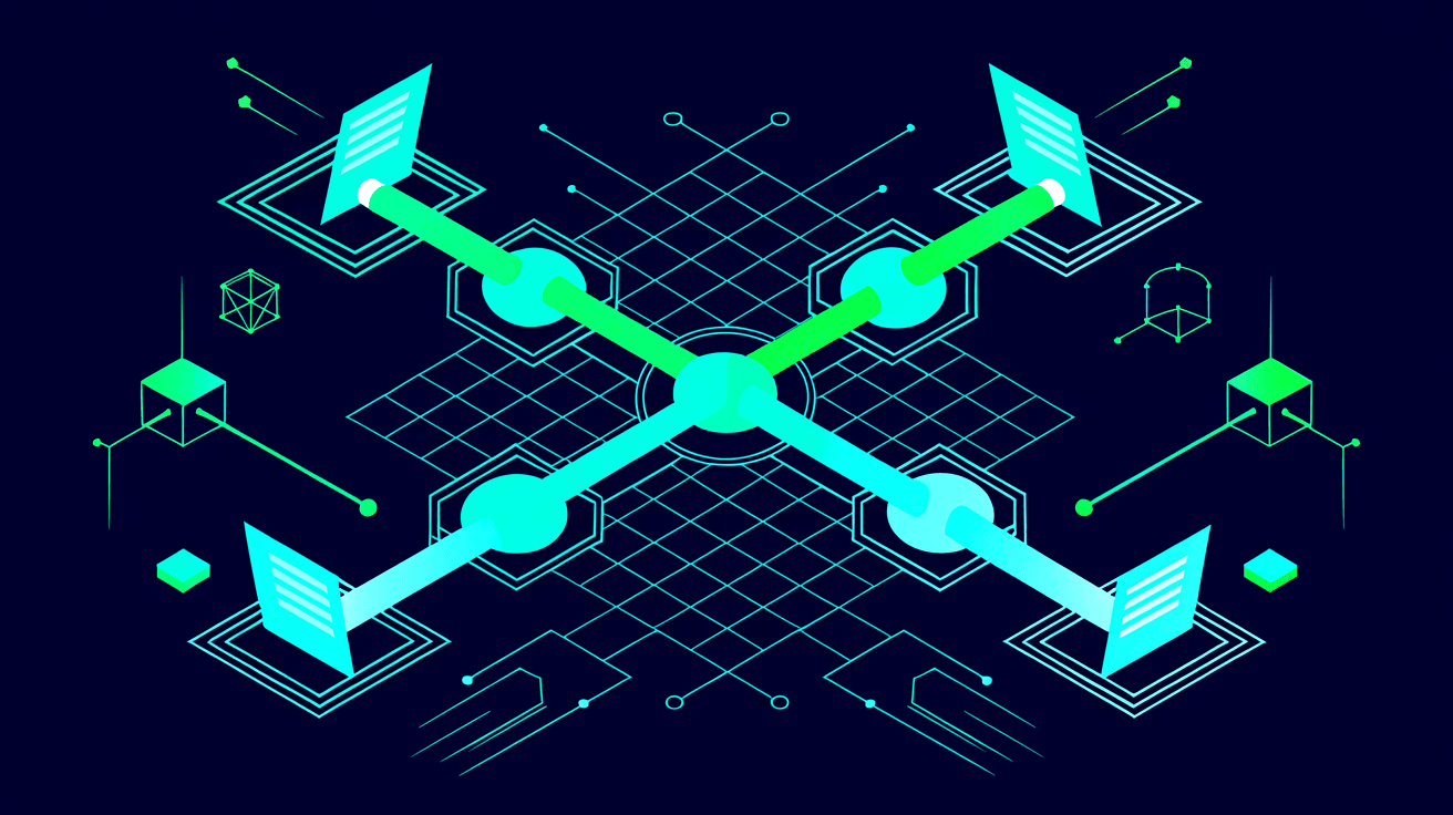 Isometric blueprint linking four policy documents through a central grid — an ISMS connecting controls to one system.