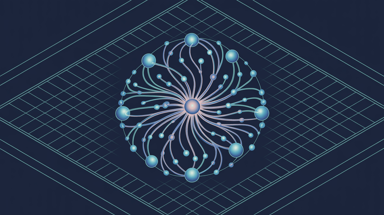 Isometric blueprint art of glowing test-case nodes radiating from a central hub on a grid — an LLM evaluation set.
