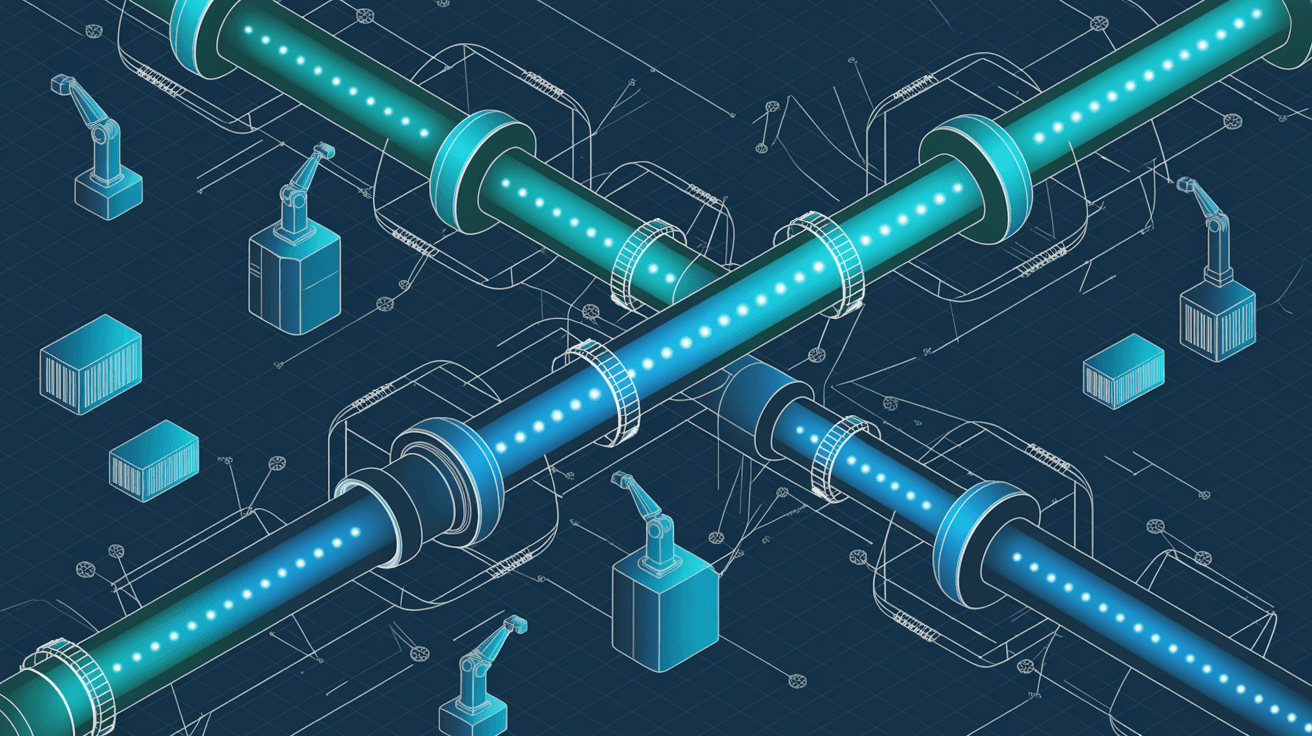 Isometric blueprint of glowing data pipelines passing through gate-like control stations — ISO 27001 checks in CI.