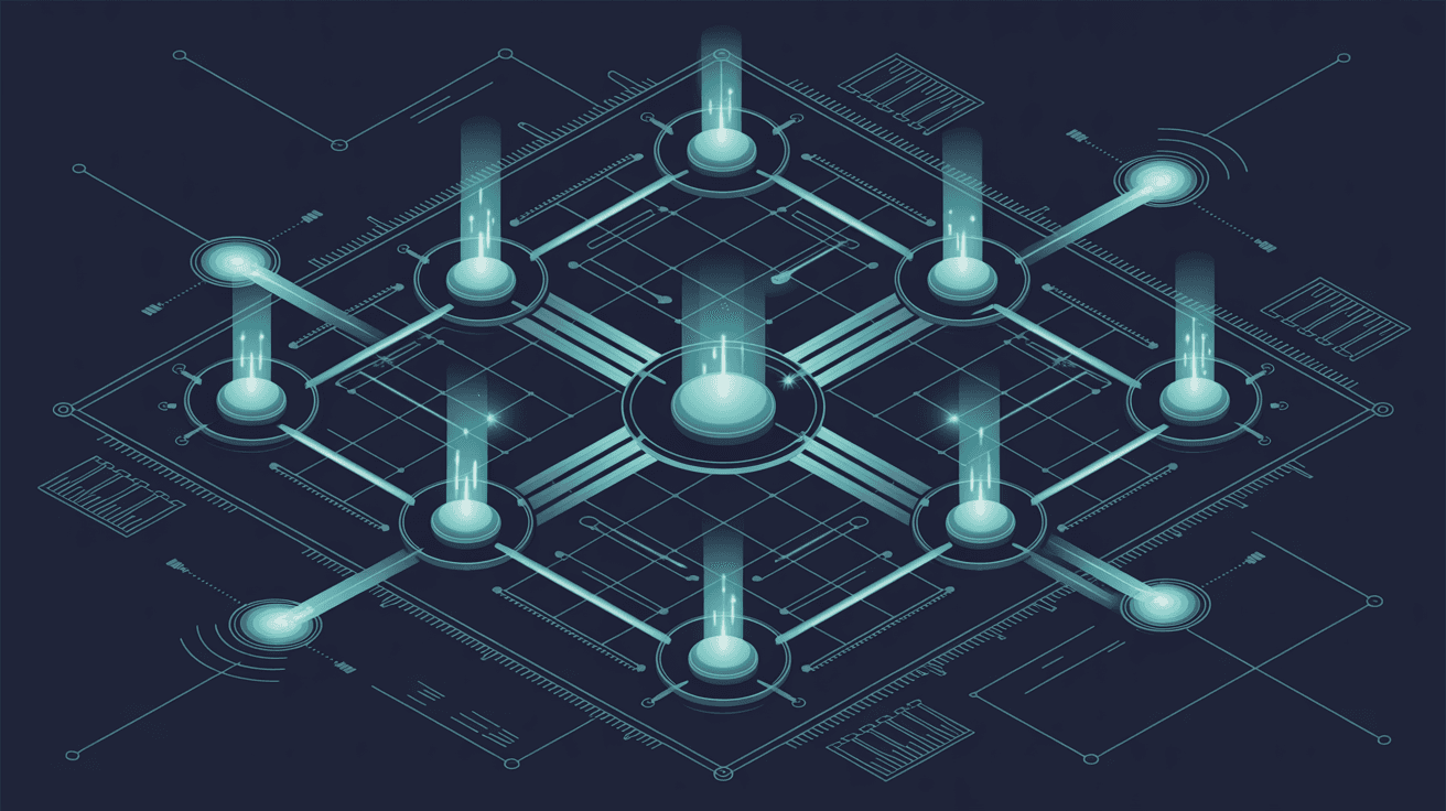 Isometric blueprint grid of glowing access points rising over a connected network — scoped least-privilege IAM.