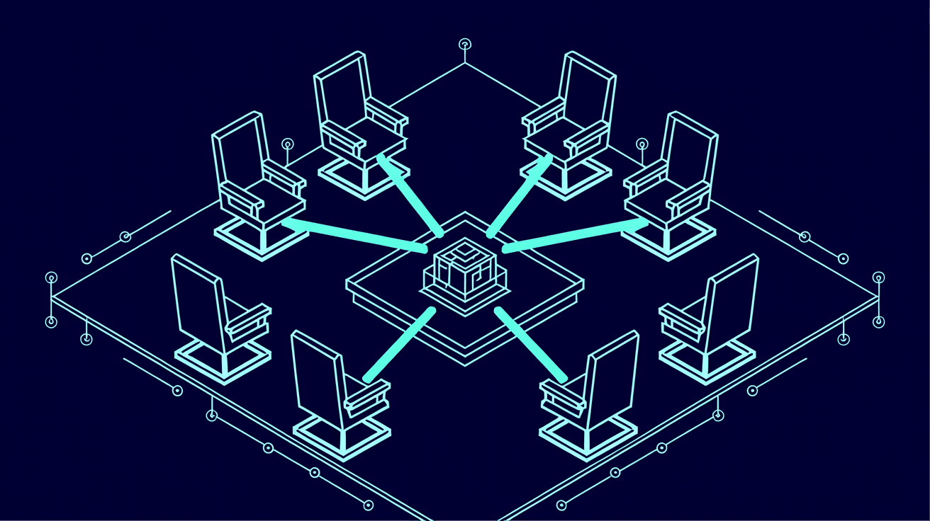 Isometric blueprint line-art of a deliberation chamber: council chairs arranged in a circle around a small project structure at the center, thin glowing lines of scrutiny converging on it over a blueprint grid