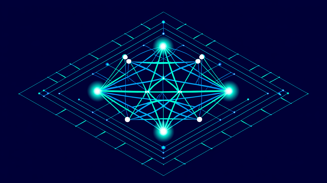 Isometric blueprint of a dense glowing node network with bright corner hubs — interconnected AI agents and retrieval.